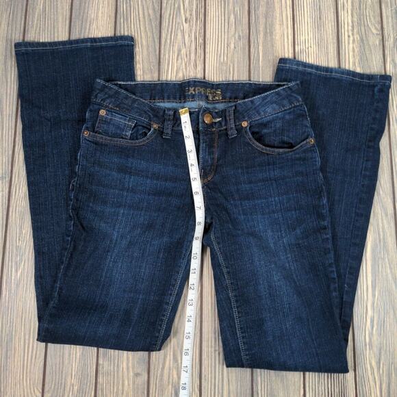Express Womens Jeans Barely Bootcut Stretch Straight Dark Wash Sz 4 Designer - Picture 4 of 10